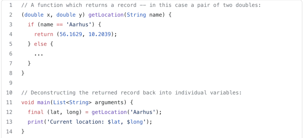 Example for Multiple returns in dart