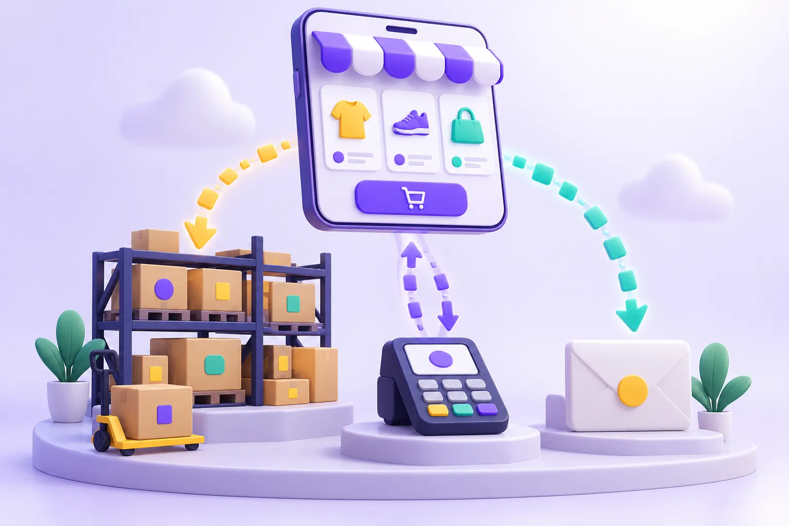متجر إلكتروني تتصل واجهته بالمخزون والدفع والبريد في الخلفية