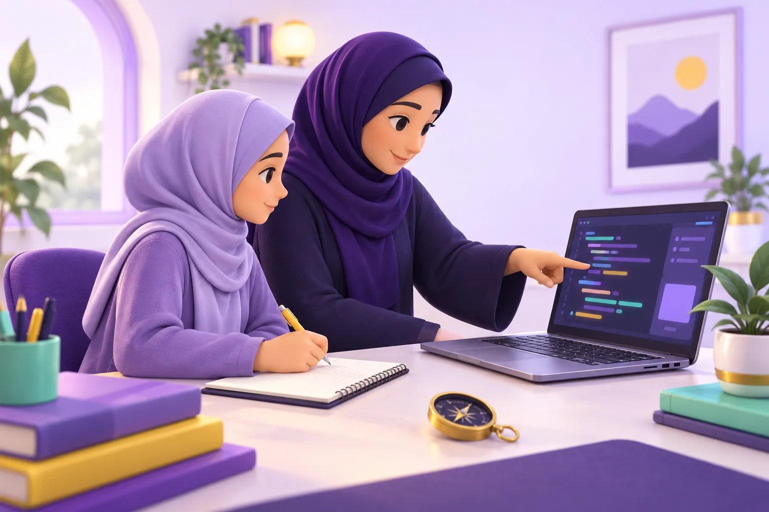 موجهة تساعد طالبة على فهم الكود