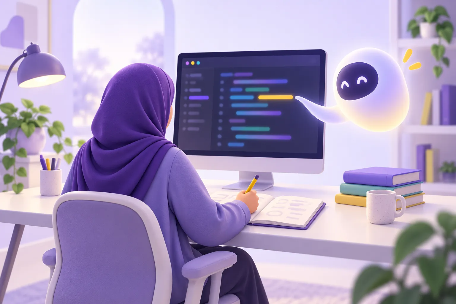 متعلم يستعين بمساعد ذكي كمعلم يقدّم تلميحات بينما يكتب الحل بنفسه