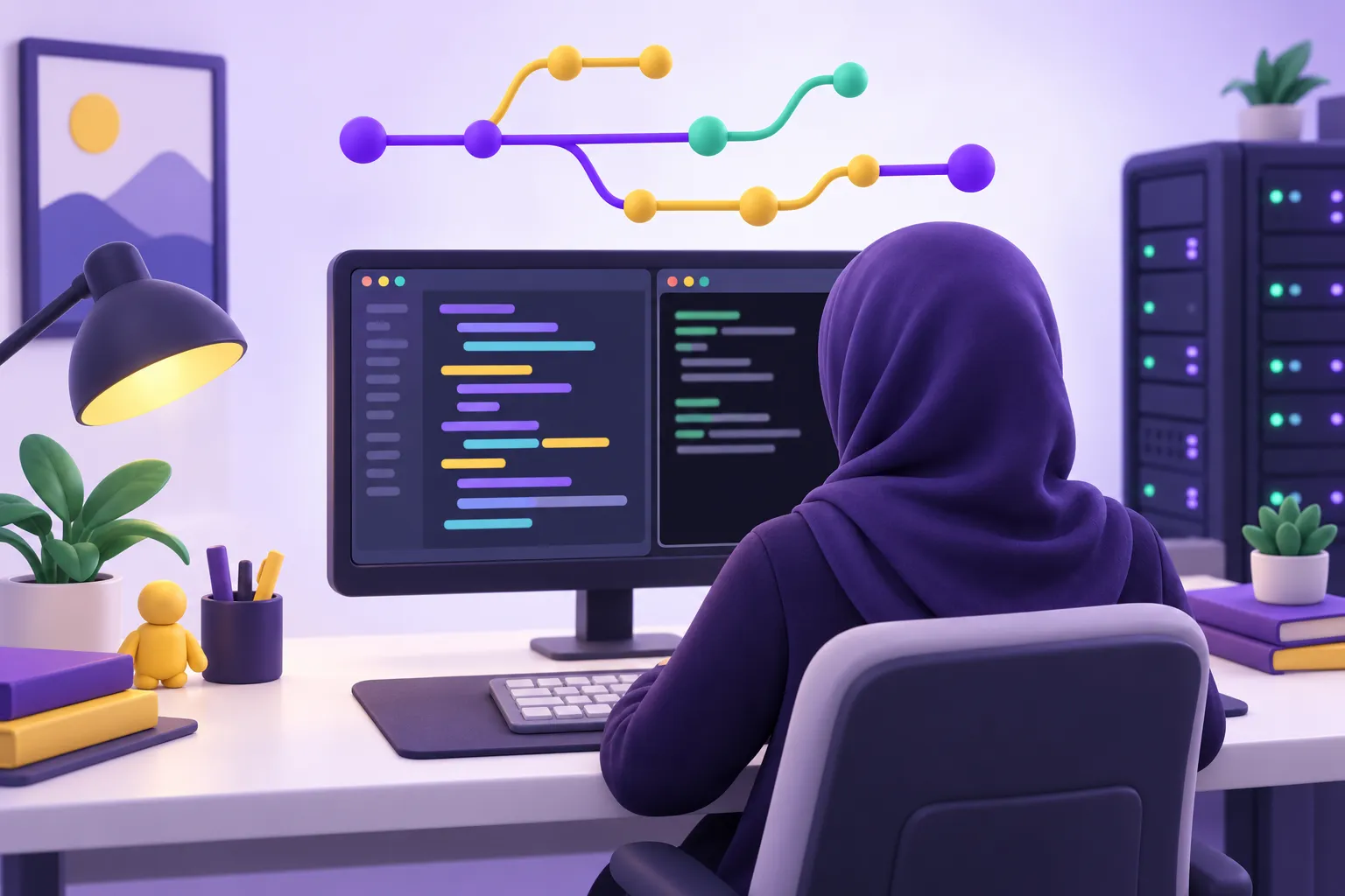 بيئة عمل مبرمج فيها محرر أكواد وطرفية وشجرة تفرعات ترمز إلى أدوات مثل Git ولينكس