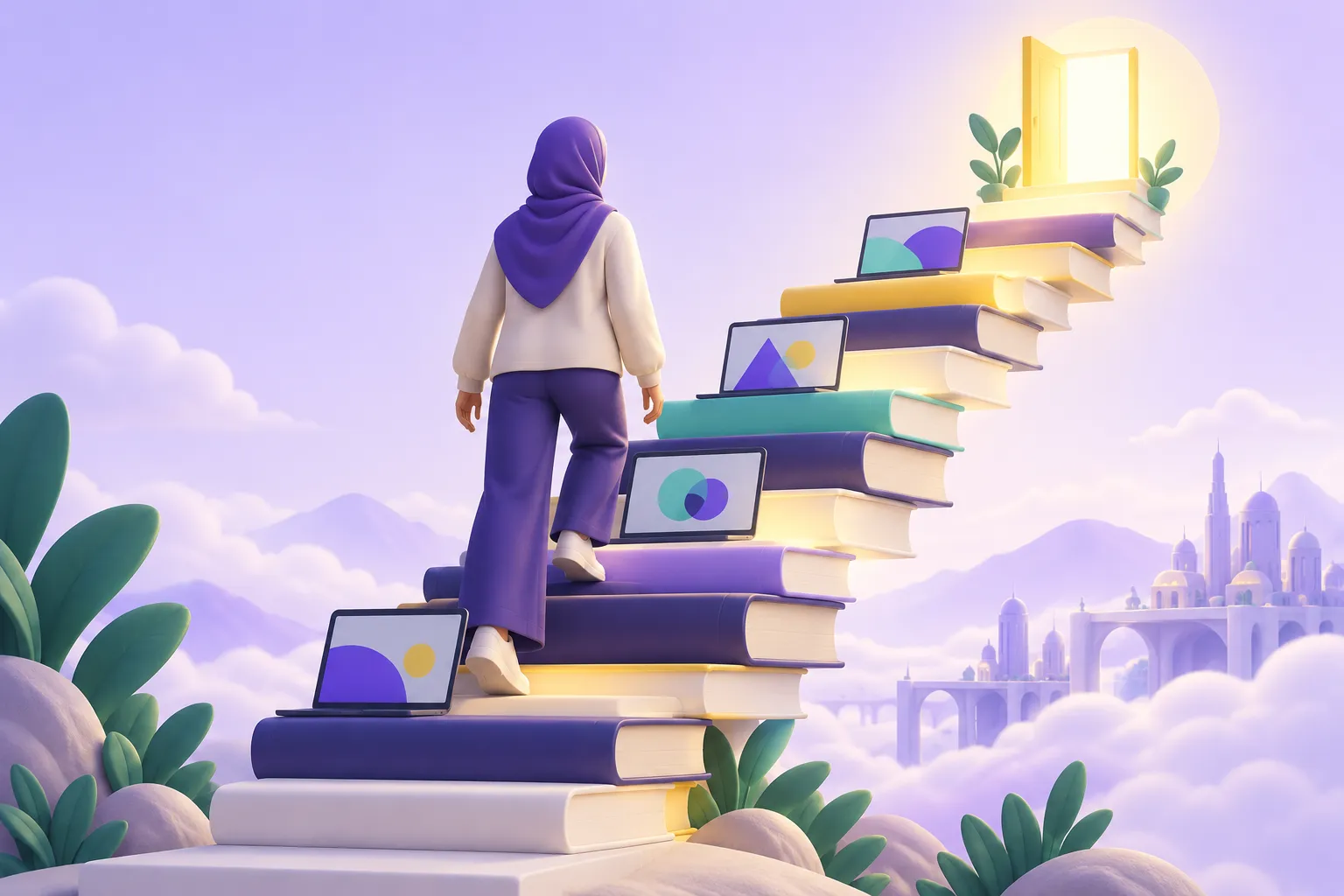 درج من الكتب والأجهزة يرمز إلى التعلم المستمر في البرمجة