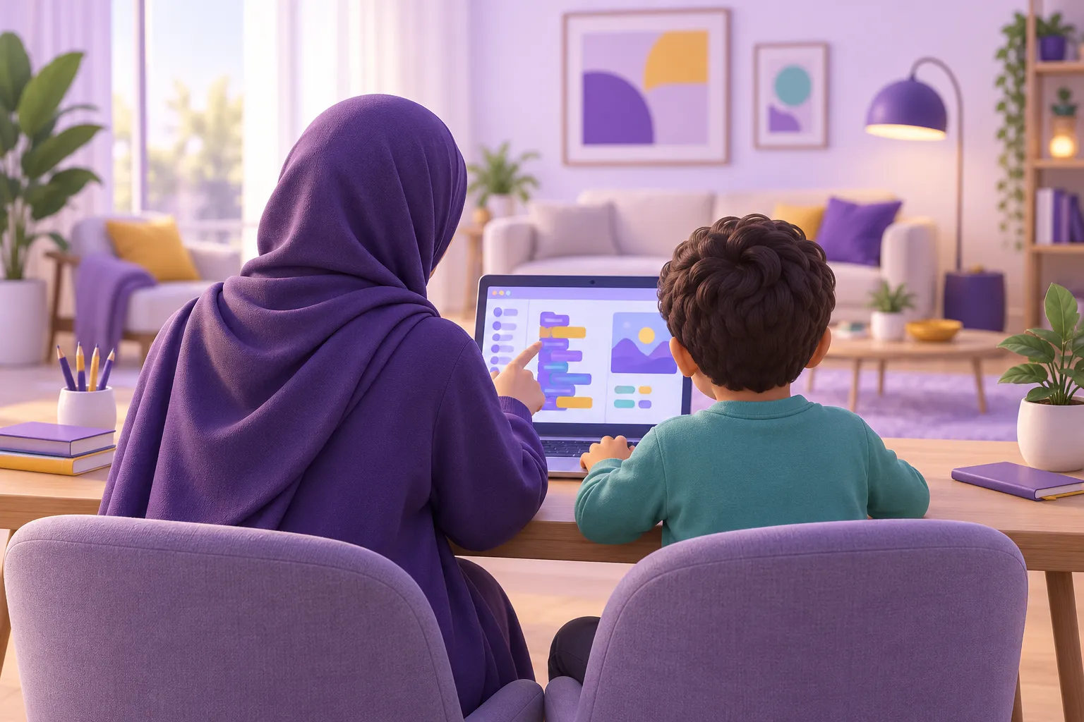 أحد الوالدين يجلس بجوار طفله ويشجعه أثناء برمجة مشروعه