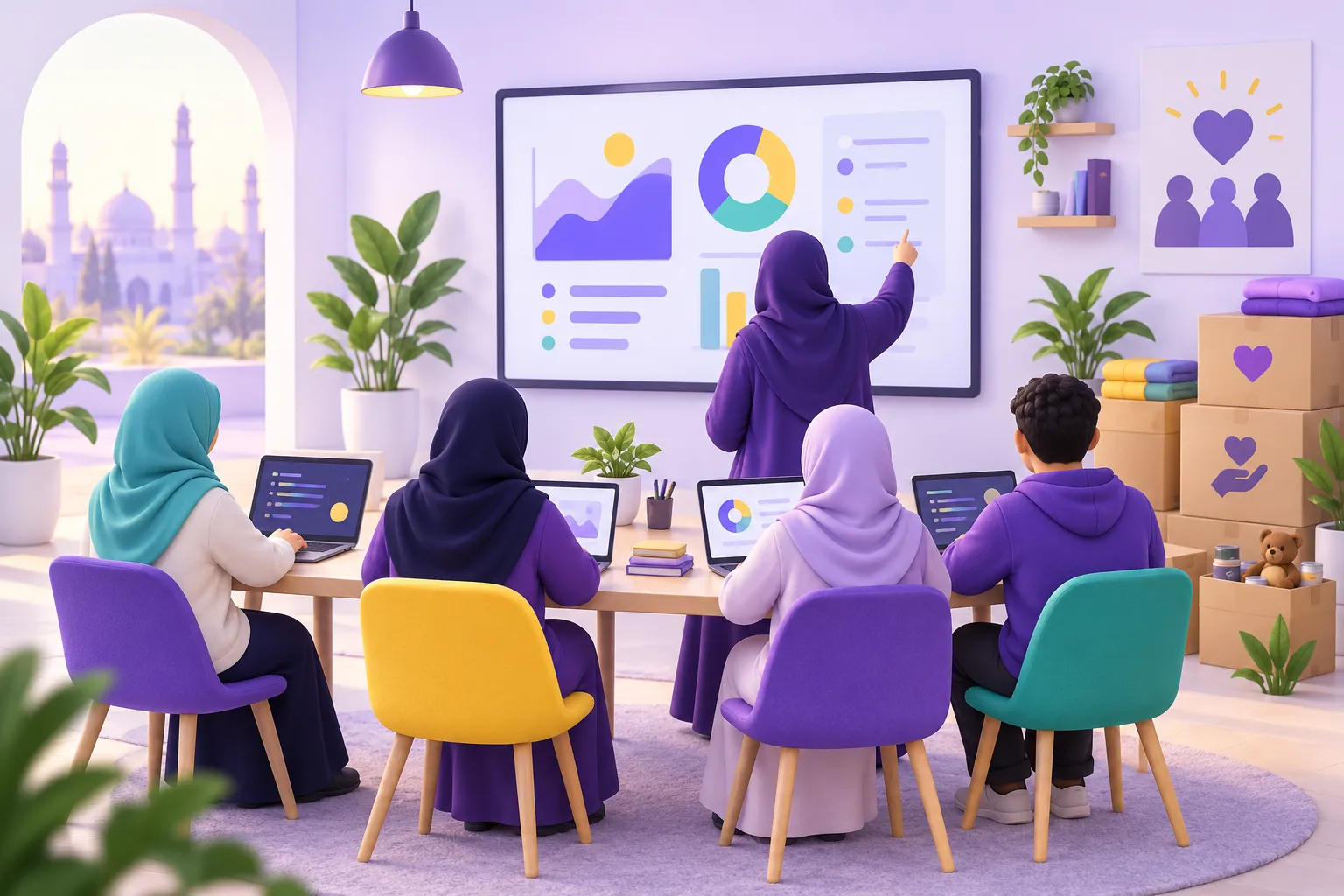 فريق عمل في مؤسسة غير ربحية يتعلم استخدام الأدوات الرقمية